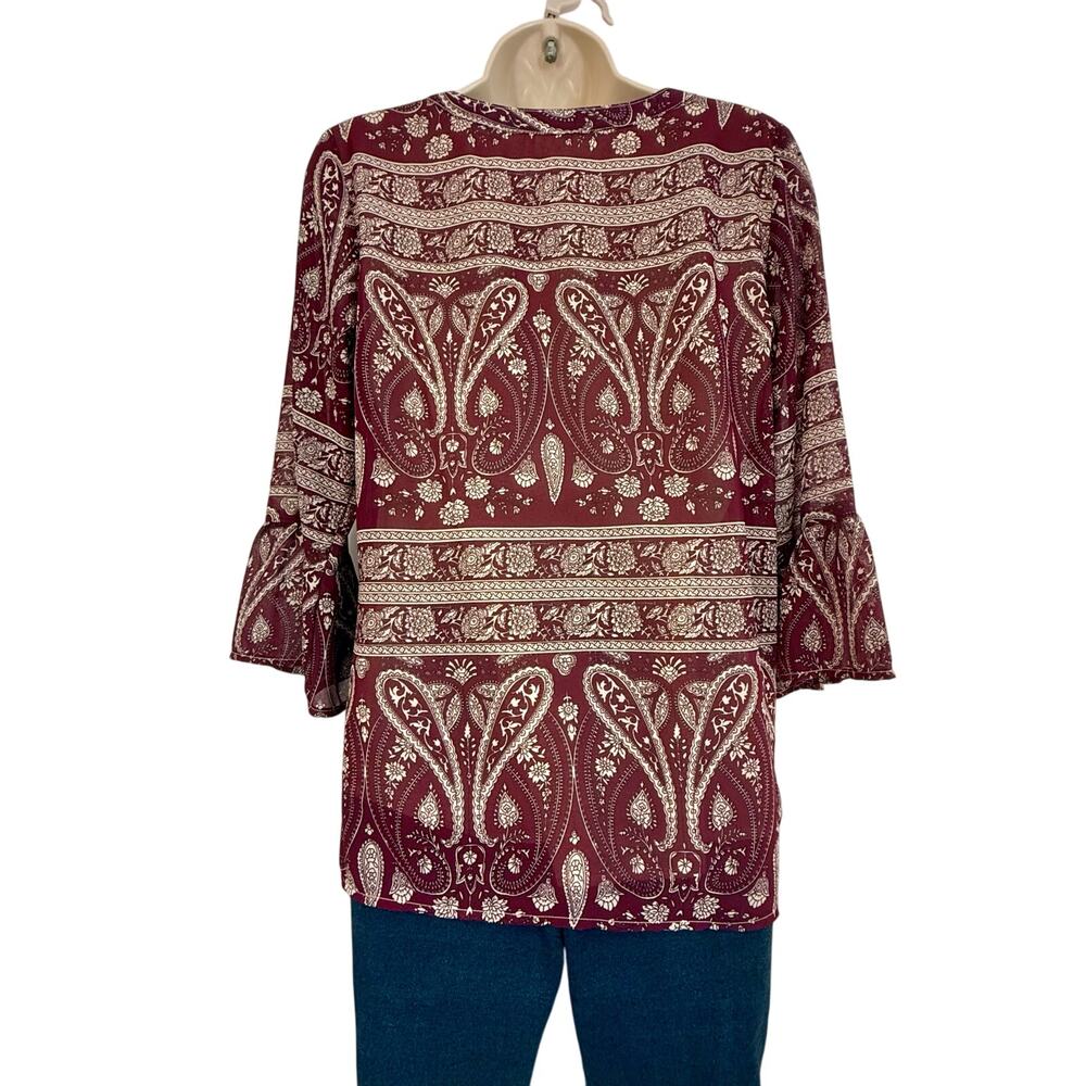 Skies Are Blue Maroon Tan Paisley Tunic Top Pleated V Neckline Grommet Accent - Picture 16 of 16